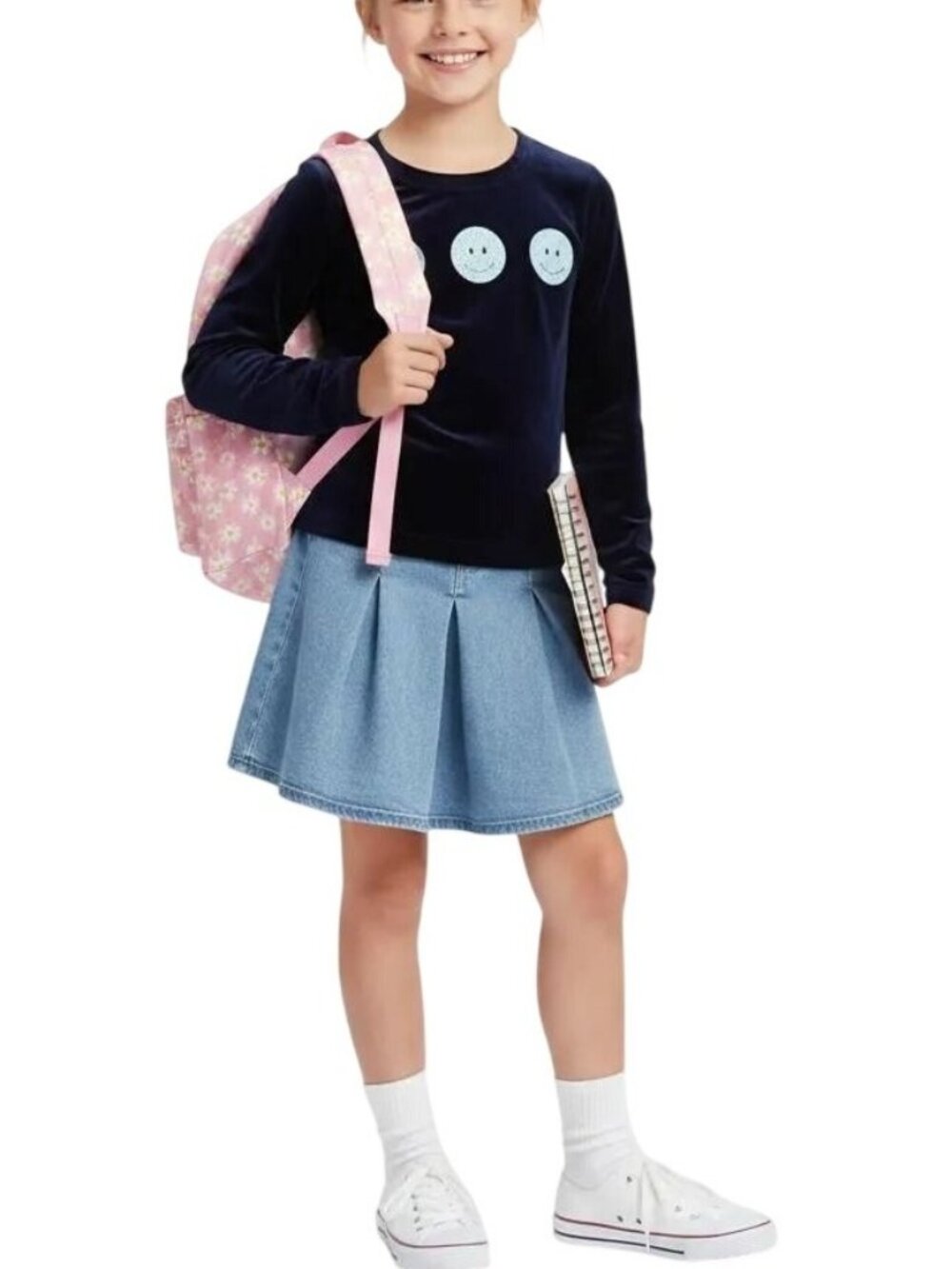 SWAT Brand Kids Girls Glittery Smiley Front Velvet Long Sleeve Blouse Sz Medium